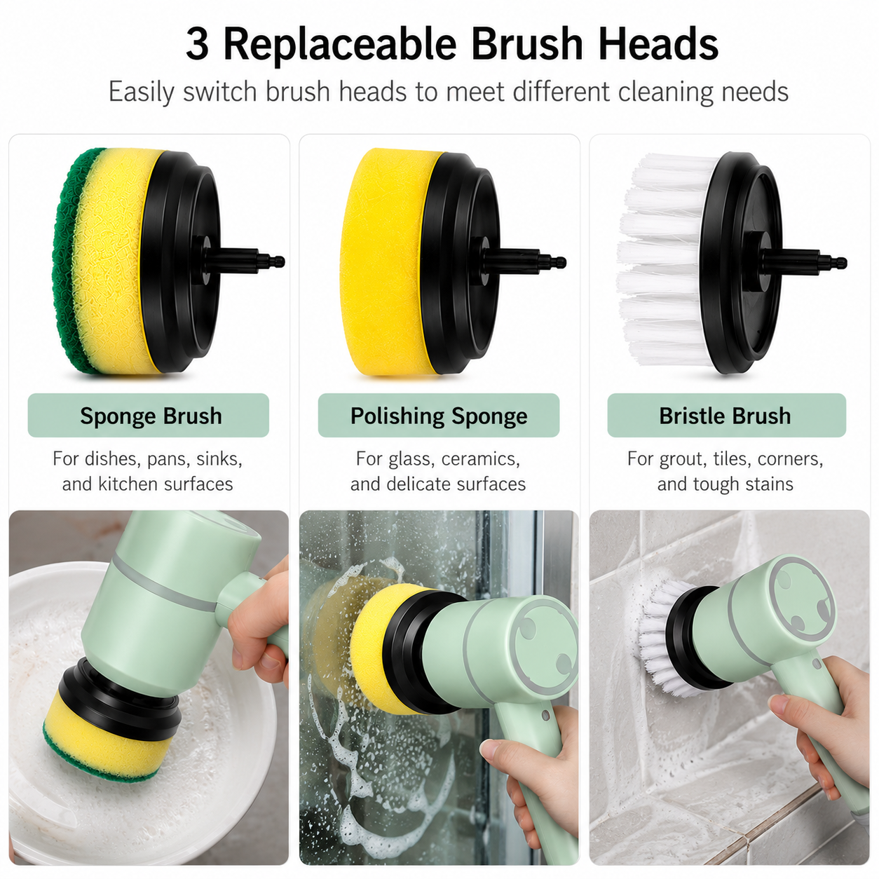 Electric Scrubber Brush — 3 Heads, Cordless, USB Rechargeabl