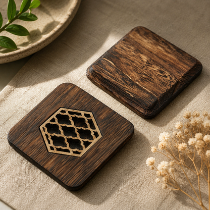 Carved Wooden Coaster — Japanese Style, Heat-Resistant