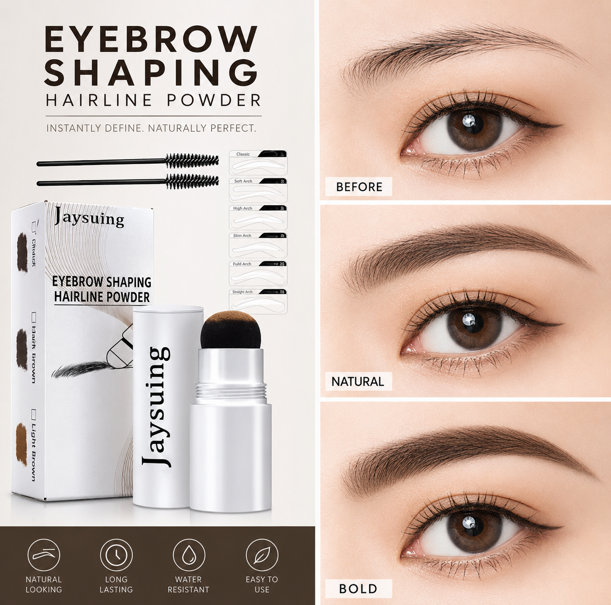 Eyebrow Stamp & Powder Set — Waterproof, Natural Finish, 3 Shades