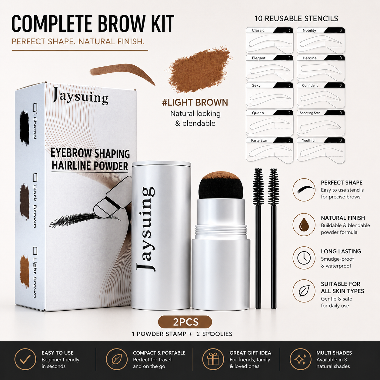 Eyebrow Stamp & Powder Set — Waterproof, Natural Finish, 3 Shades