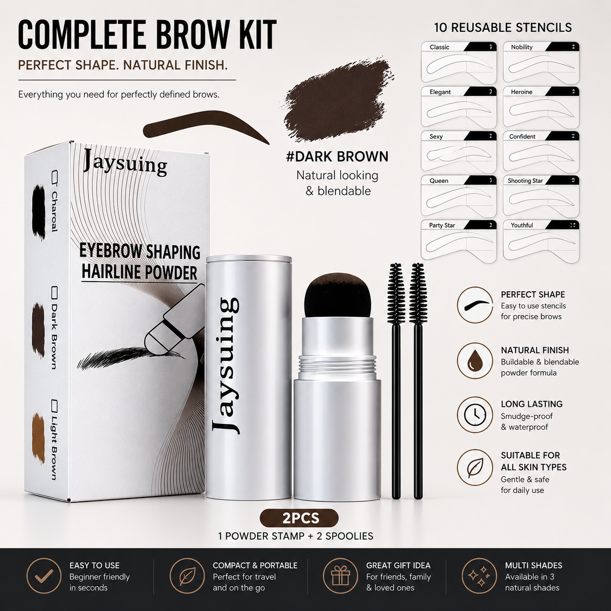 Eyebrow Stamp & Powder Set — Waterproof, Natural Finish, 3 Shades