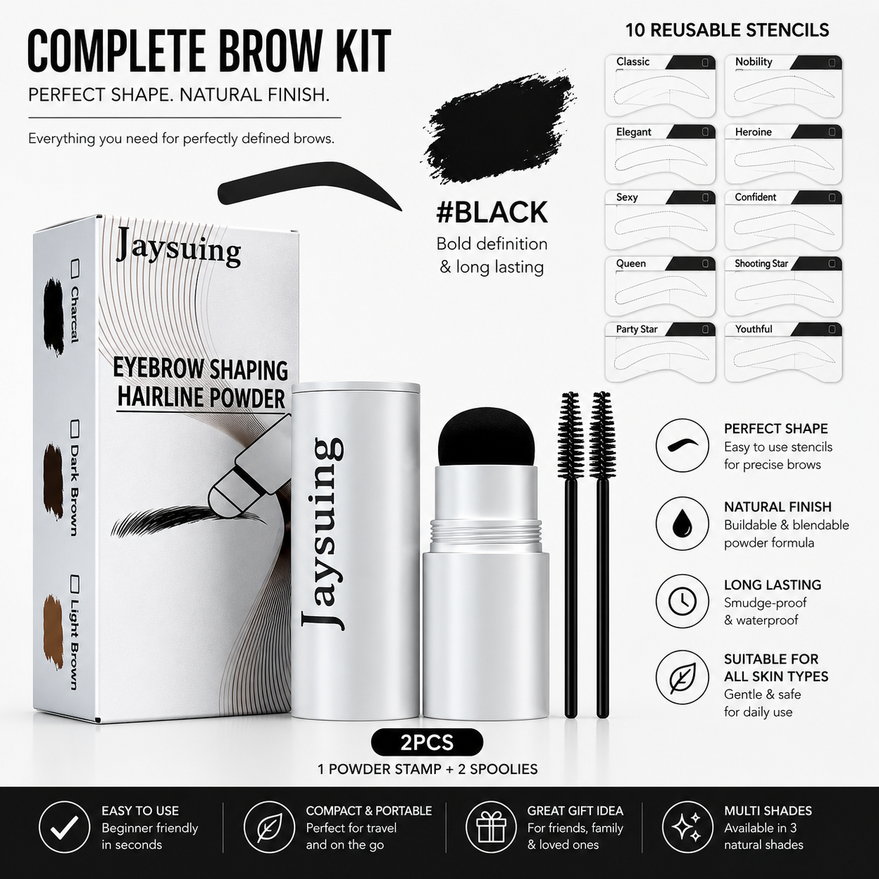 Eyebrow Stamp & Powder Set — Waterproof, Natural Finish, 3 Shades