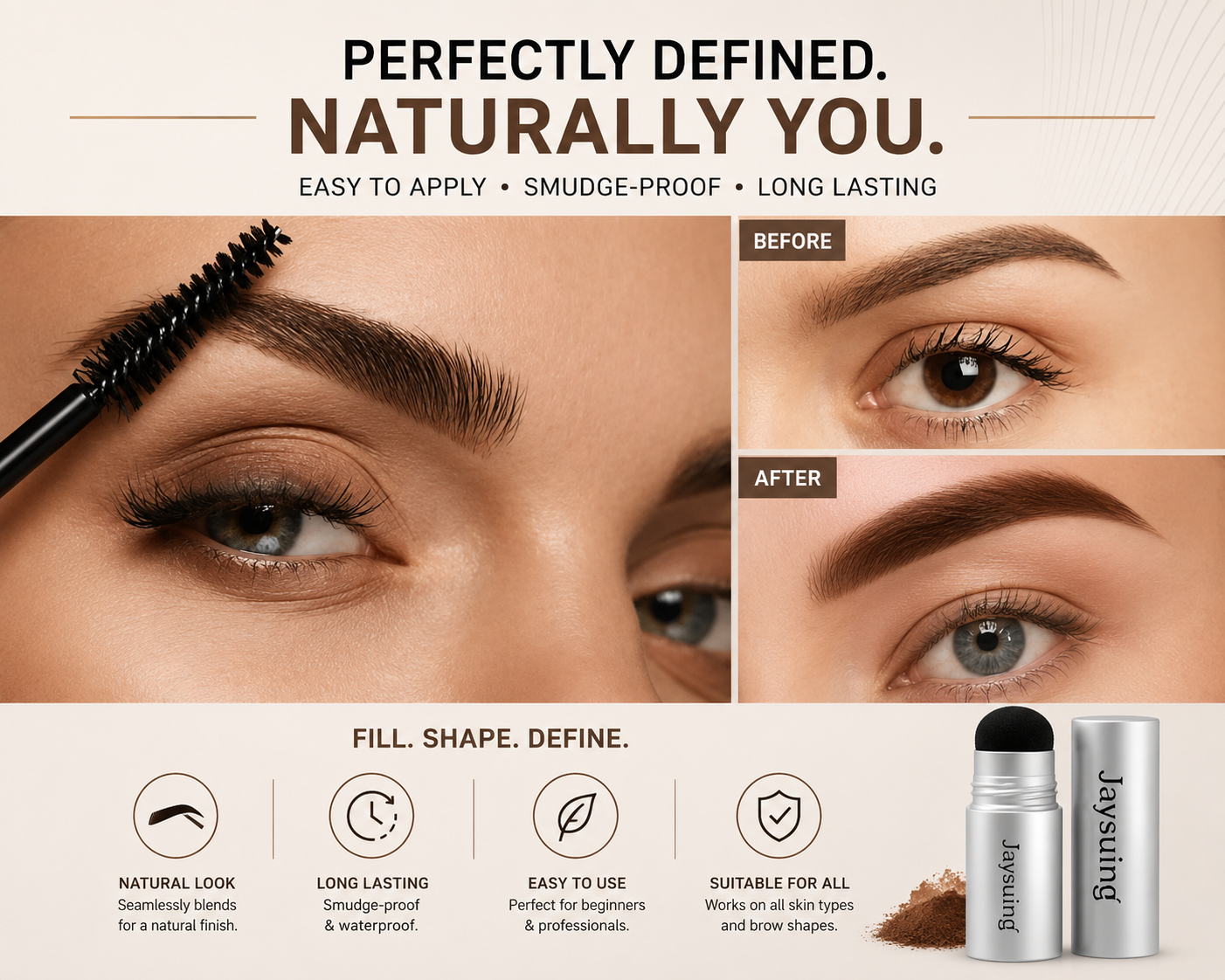 Eyebrow Stamp & Powder Set — Waterproof, Natural Finish, 3 Shades