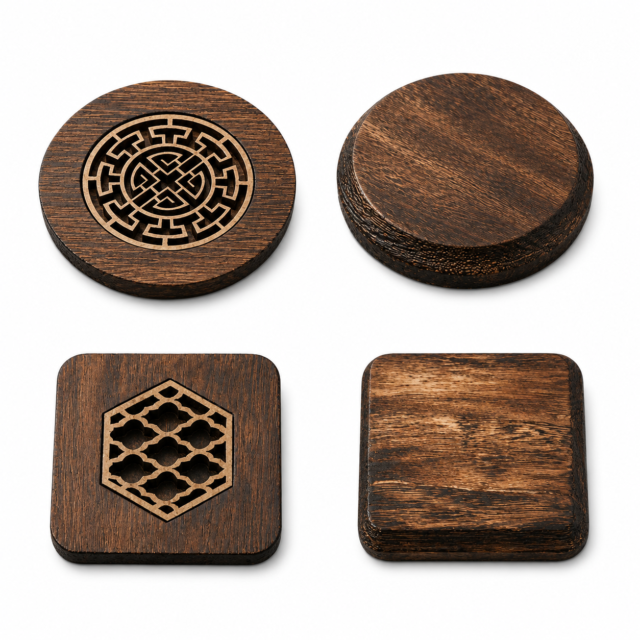 Carved Wooden Coaster — Japanese Style, Heat-Resistant