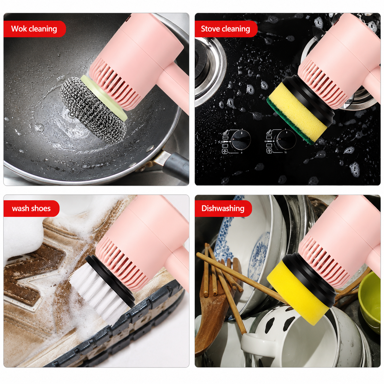 Electric Scrubber Brush — 3 Heads, Cordless, USB Rechargeabl