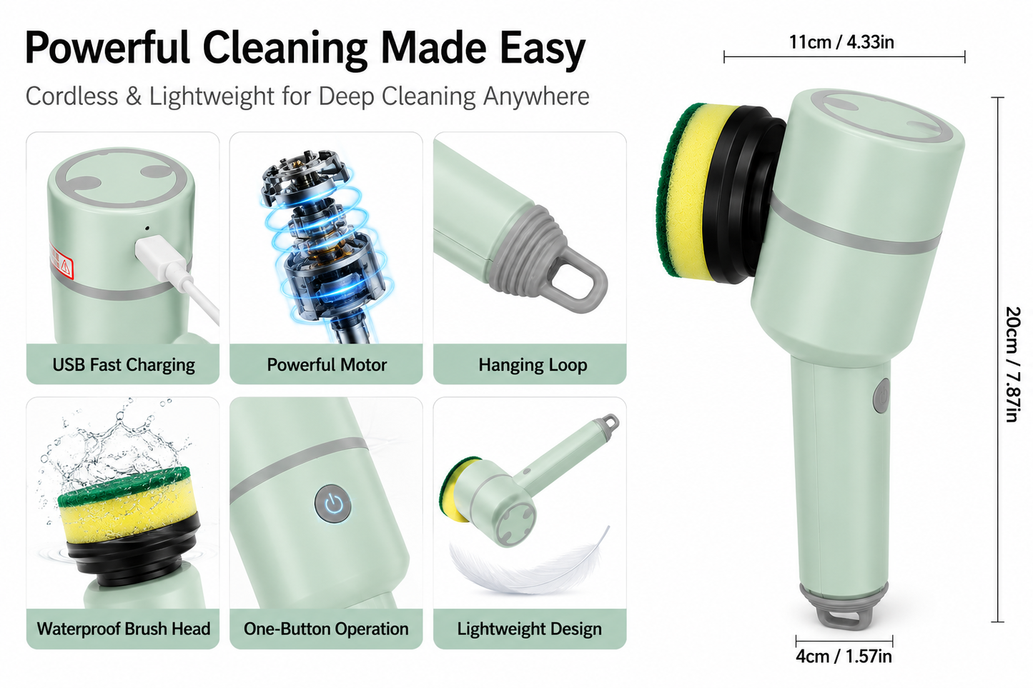 Electric Scrubber Brush — 3 Heads, Cordless, USB Rechargeabl