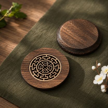 Carved Wooden Coaster — Japanese Style, Heat-Resistant