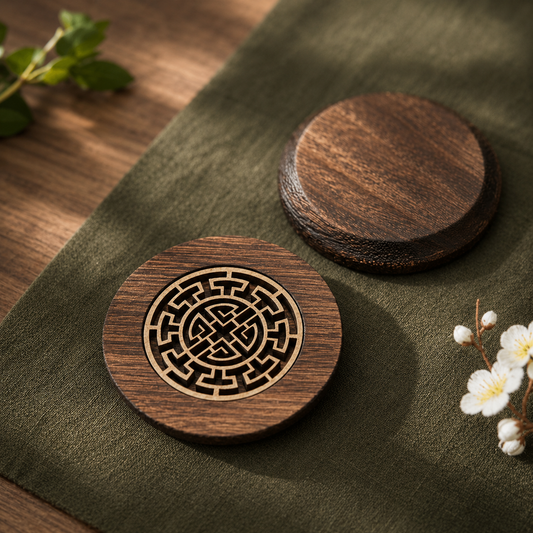 Carved Wooden Coaster — Japanese Style, Heat-Resistant