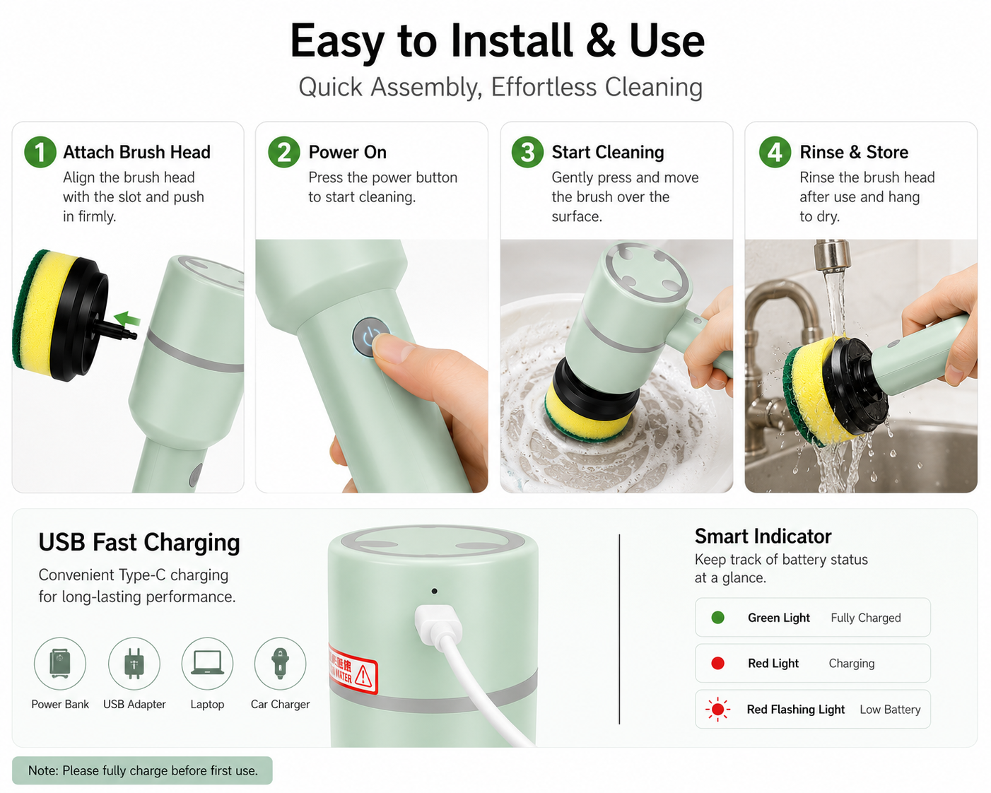 Electric Scrubber Brush — 3 Heads, Cordless, USB Rechargeabl